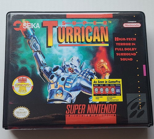 Front view of a Cart Armor® Super Turrican Super Nintendo SNES Premium 16-bit Clamshell Case