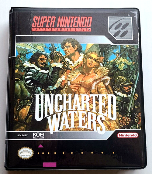 Front view of a Cart Armor® Uncharted Waters Super Nintendo SNES Premium 16-bit Clamshell Case