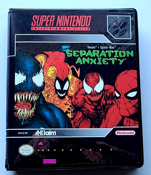 Front view of a Cart Armor® Venom Spider-Man Separation Anxiety Nintendo SNES Premium 16-bit Clamshell Case
