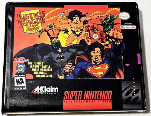 Front view of a Cart Armor® Justice League Task Force Super Nintendo SNES Premium 16-bit Clamshell Case