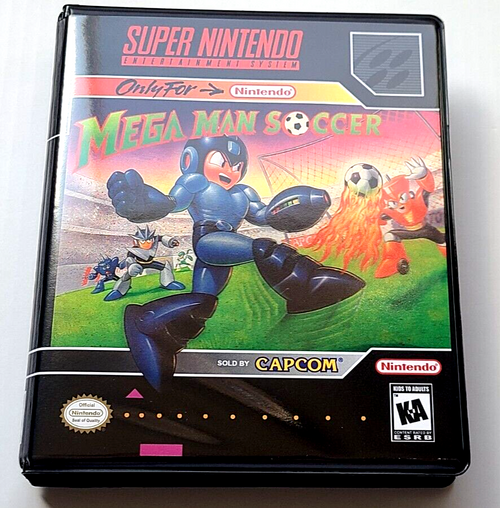 Front view of a Cart Armor® Mega Man Soccer Super Nintendo SNES Premium 16-bit Clamshell Case