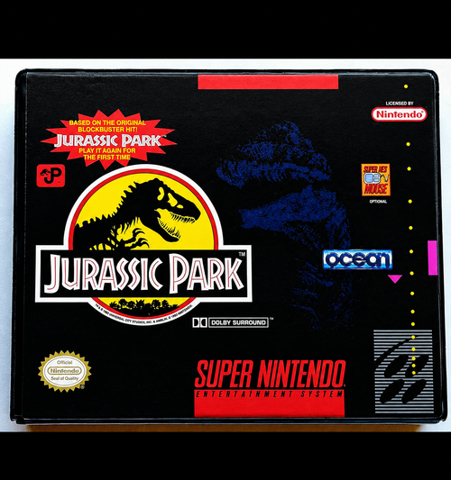 Front view of a Cart Armor® Jurassic Park Super Nintendo SNES Premium 16-bit Clamshell Case