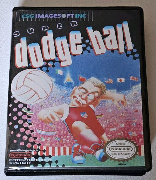 Front view of a Cart Armor® Super Dodge Ball Nintendo NES Premium 8-bit Clamshell Case