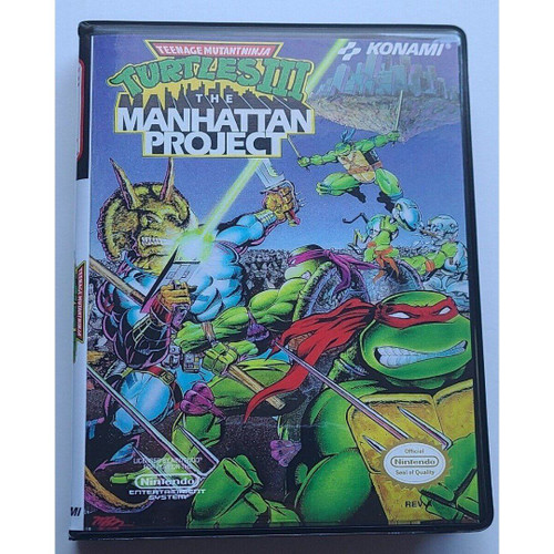 Front view of a Cart Armor® Teenage Mutant Ninja Turtles III The The Manhattan Project TMNT Premium 8-bit Retro Style Clamshell Case
