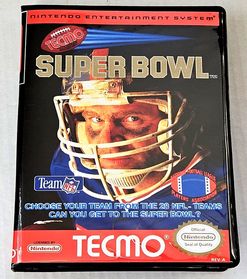 Front view of a Cart Armor® Tecmo Super Bowl Nintendo NES Premium 8-bit Clamshell Case