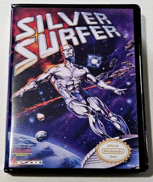 Front view of a Cart Armor® Silver Surfer Nintendo NES Premium 8-bit Clamshell Case