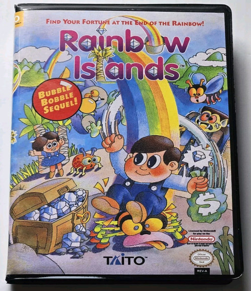 Front view of a Cart Armor® Rainbow Island Nintendo NES Premium 8-bit Clamshell Case