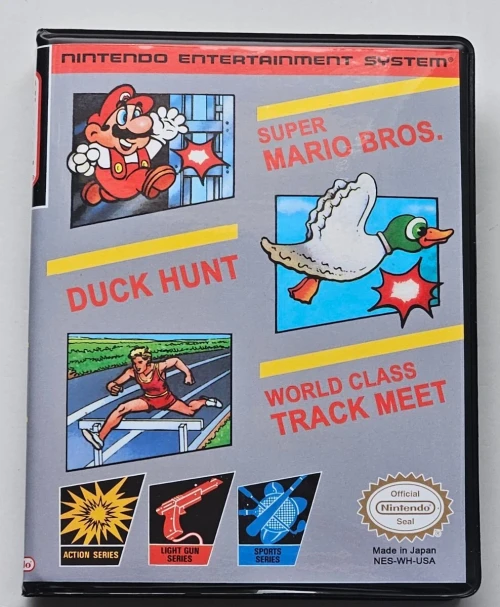 ront view of a Cart Armor® Super Mario Bros/Duck Hunt/World Class Track Meet Nintendo NES Premium 8-bit Clamshell Case