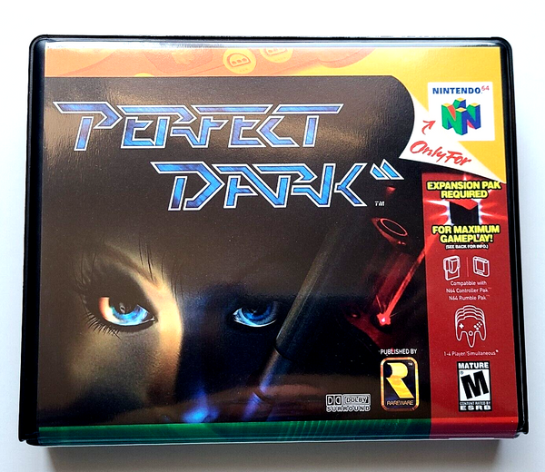 Front view of a Cart Armor® Perfect Dark Nintendo 64 N64 Premium 64-bit Clamshell Case