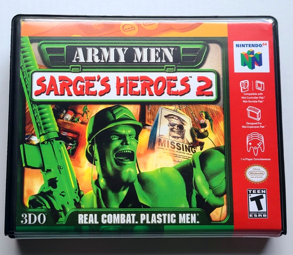 Front view of a Cart Armor® Army Men Sarge's Heroes 2 Nintendo 64 N64 Premium 64-bit Clamshell Case