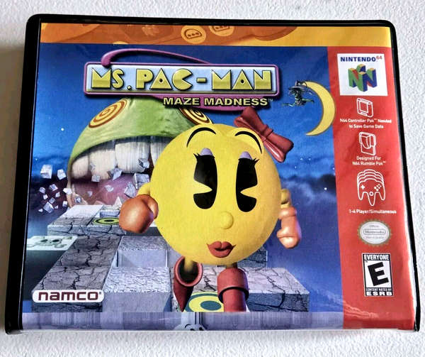 Front view of a Cart Armor® Ms Pac-Man Maze Madnes Premium 8-bit Clamshell Case