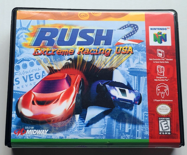 Front view of a Cart Armor® RUSH 2 Extreme Racing USA Nintendo 64 N64 Premium 64-bit Clamshell Case