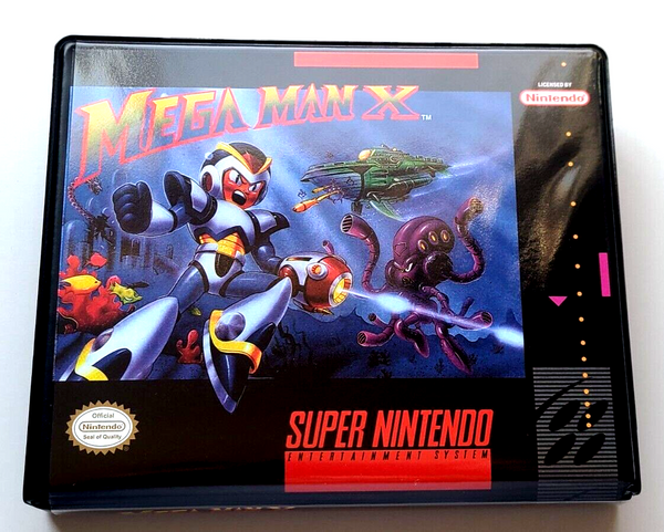 Front view of a Cart Armor® Mega Man X Super Nintendo SNES Premium 16-bit Clamshell Case