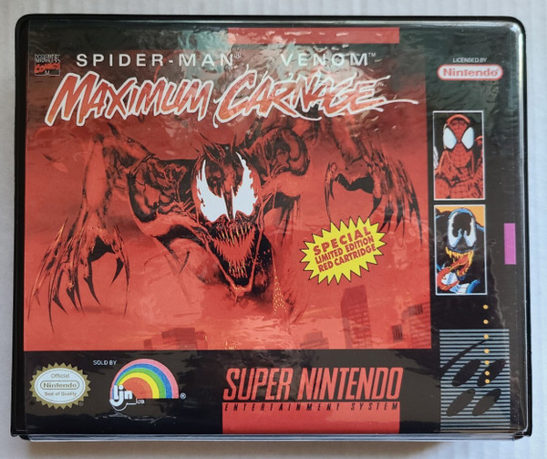 Front view of a Cart Armor® Spider-Man Venom Maximum Carnage Super Nintendo SNES Premium 16-bit Clamshell Case