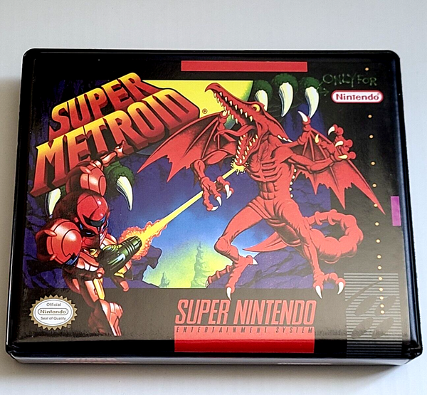 Front view of a Cart Armor® Super Metroid Super Nintendo SNES Premium 16-bit Clamshell Case