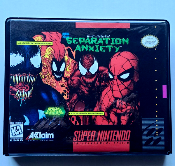 Front view of a Cart Armor® Venom Spider-Man Separation Anxiety Nintendo SNES Premium 16-bit Clamshell Case
