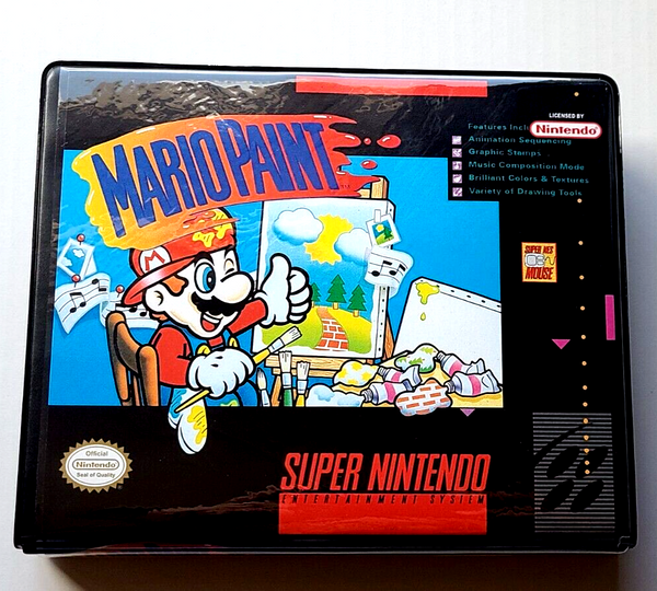 Front view of a Cart Armor® Mario Paint Super Nintendo SNES Premium 16-bit Clamshell Case