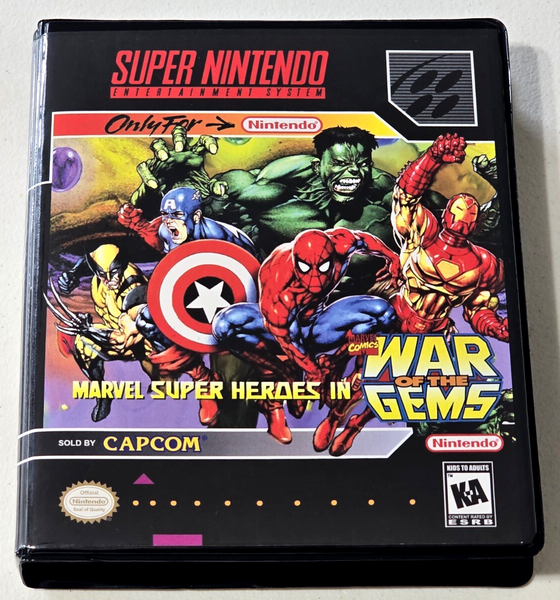 Front view of a Cart Armor® Marvel Super Heroes in War of the Gems Super Nintendo SNES Premium 16-bit Clamshell Case