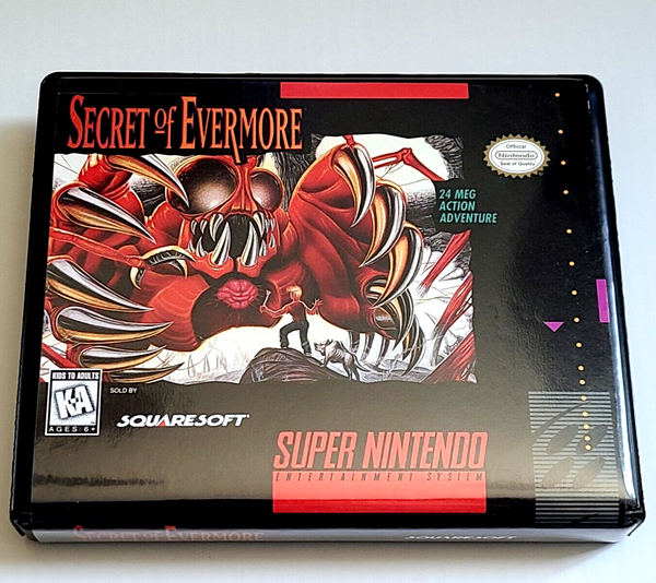 Front view of a Cart Armor® Secret of Evermore Super Nintendo SNES Premium 16-bit Clamshell Case