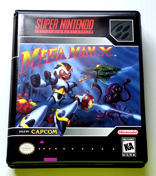 Front view of a Cart Armor® Mega Man X Super Nintendo SNES Premium 16-bit Clamshell Case