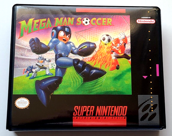Front view of a Cart Armor® Mega Man Soccer Super Nintendo SNES Premium 16-bit Clamshell Case