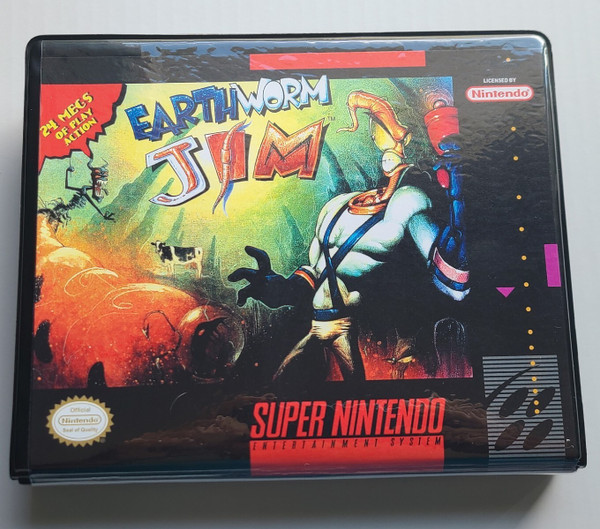 Front view of a Cart Armor® Earthworm Jim Super Nintendo SNES Premium 16-bit Clamshell Case