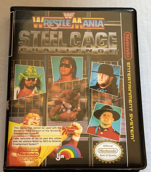 Front view of a Cart Armor® WWF Wrestlemania Steel Cage Challenge Nintendo NES Premium 8-bit Clamshell Case