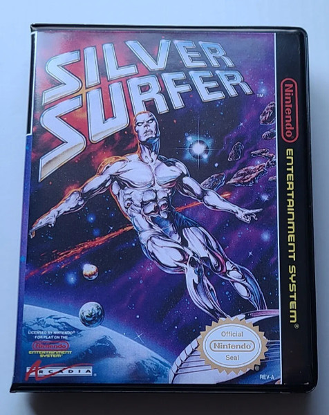 Front view of a Cart Armor® Silver Surfer Nintendo NES Premium 8-bit Clamshell Case