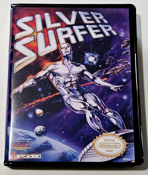 Front view of a Cart Armor® Silver Surfer Nintendo NES Premium 8-bit Clamshell Case