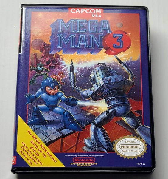 Front view of a Cart Armor® Mega Man 3 III Nintendo NES Premium 8-bit Clamshell Case