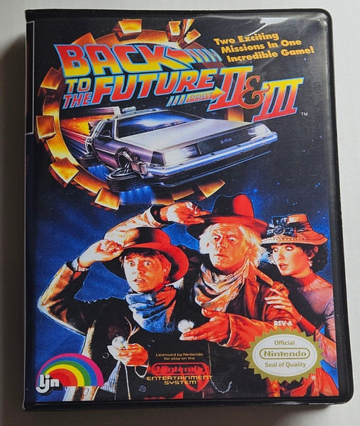 Front view of a Cart Armor® Back To The Future II & III Nintendo NES Premium 8-bit Clamshell Case
