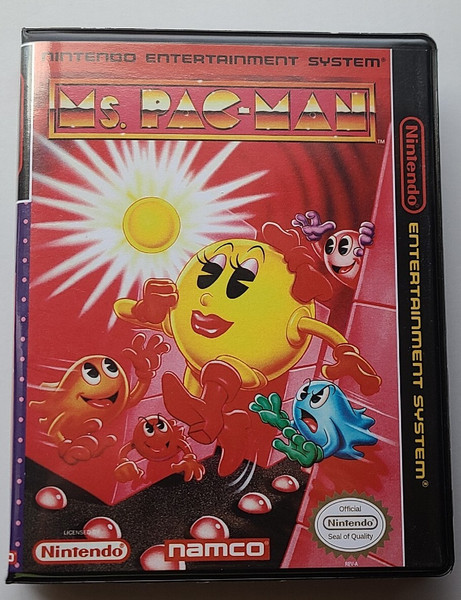 Front view of a Cart Armor® Ms. Pac-Man Nintendo NES Premium 8-bit Clamshell Case