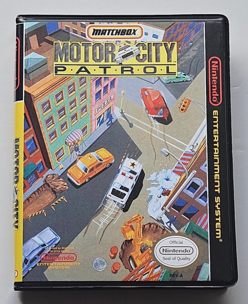 Front view of a Cart Armor® Motor City Patrol Nintendo NES Premium 8-bit Clamshell Case