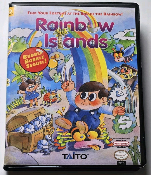 Front view of a Cart Armor® Rainbow Island Nintendo NES Premium 8-bit Clamshell Case