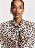 Brown and cream leopard-print pussy-bow shirt