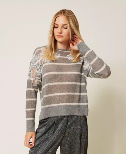 Twinset Grey Knitted Jumper with White Lace Twinset Grey Knitted Jumper with White Lace