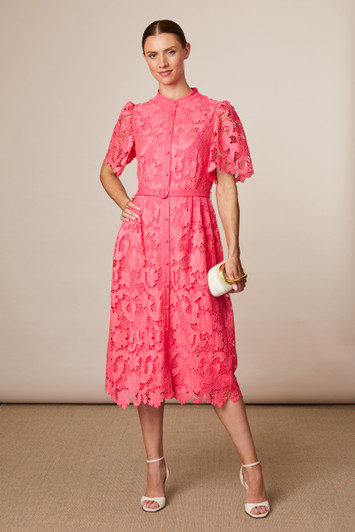 Fee G Regina Long Lace Dress with Collar Pink