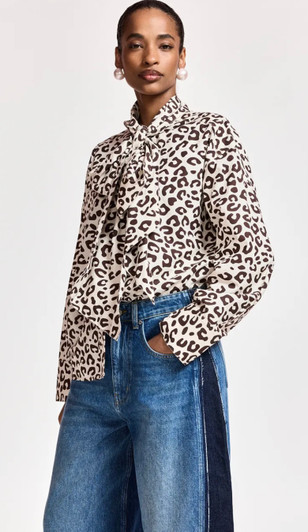 Brown and cream leopard-print pussy-bow shirt