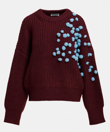 Burgundy and blue pompon-embellished knitted sweater