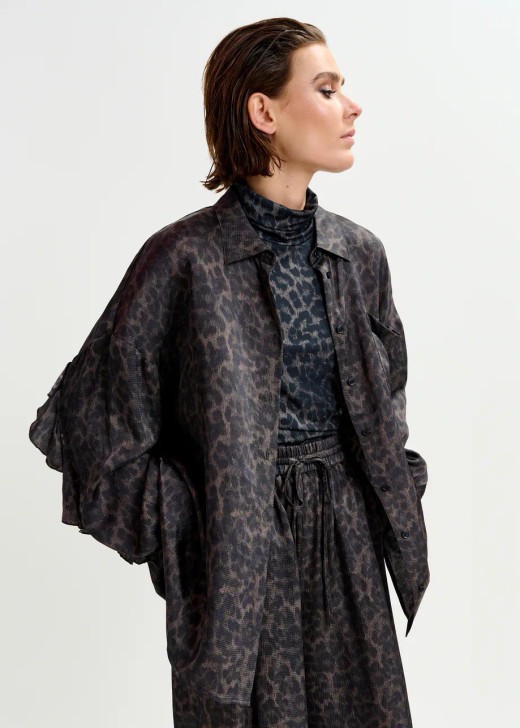Essentiel Antwerp Ilorin Oversized Ruffle Shirt Leopard Grey/Brown