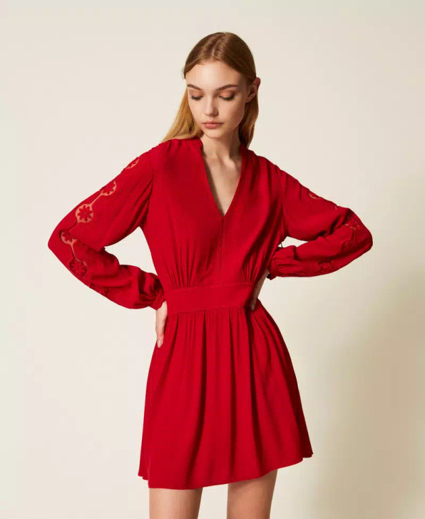 Twinset Woven Dress Red With Embroidery
