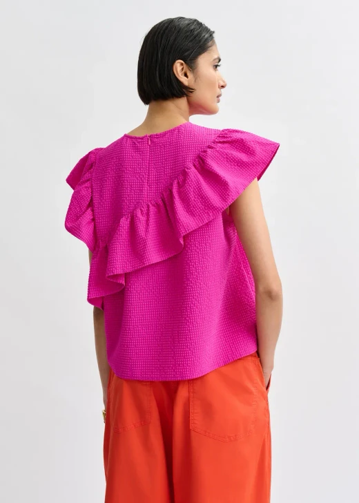 Essentiel Antwerp Pink asymmetrical top with ruffle details
