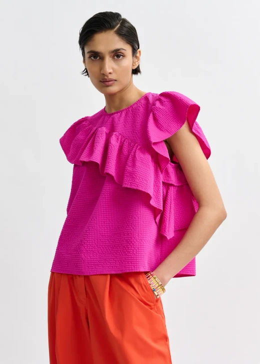 Essentiel Antwerp Pink asymmetrical top with ruffle details