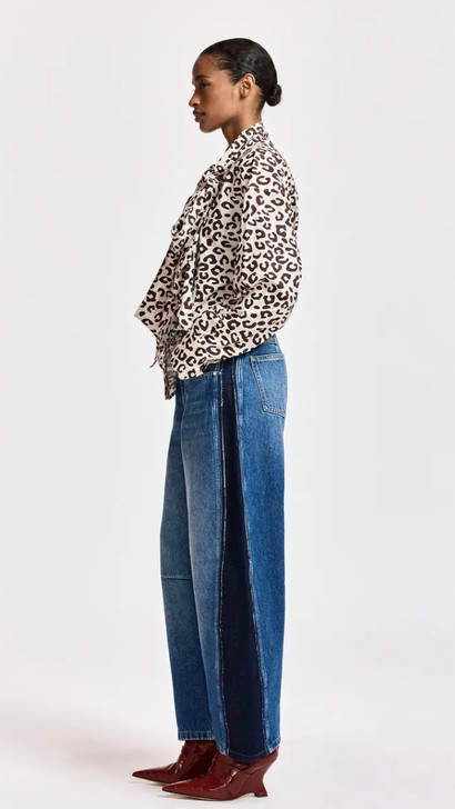 Brown and cream leopard-print pussy-bow shirt