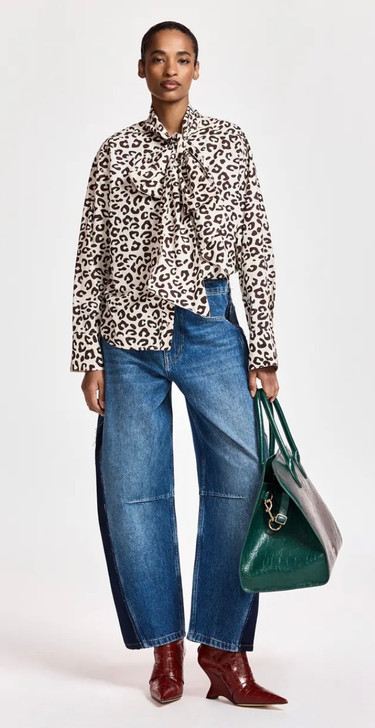 Brown and cream leopard-print pussy-bow shirt