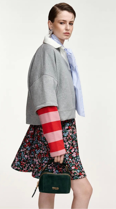 Grey layered cotton sweatshirt with red and pink striped sleeves