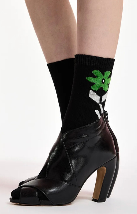Black, green and white wool-cashmere blend socks with jacquard floral motif