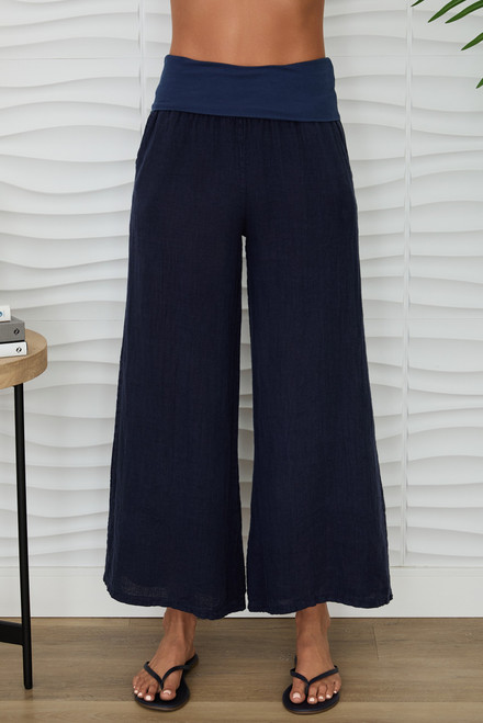 MILIO MILANO FOLD OVER WAIST PALAZZO LINEN PANT