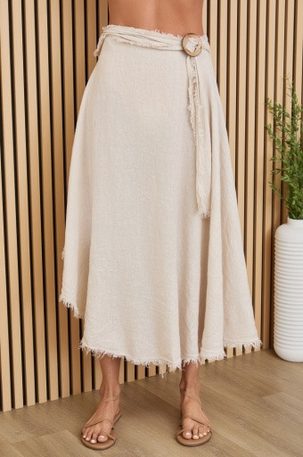 MILIO MILANO FRINGE RING TIE DETAIL FRONT LINEN SKIRT