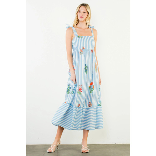 TIE STRAPS STRIPED FLORAL PATTERN MIDI DRESS